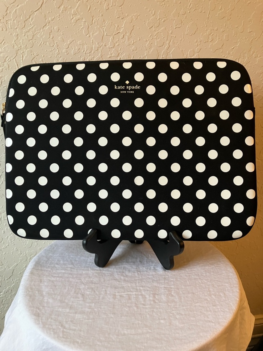 kate spade: Black & White Polka Dot Tablet Sleeve- Gold Tone- Storybook Lining
